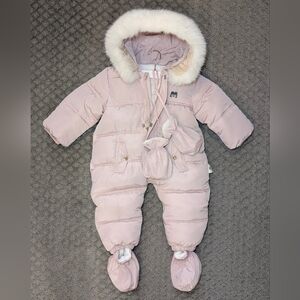 Pink Quilted Puffer Hooded Eskimo  Baby Snowsuit Fleece Lined with Booties 90cm